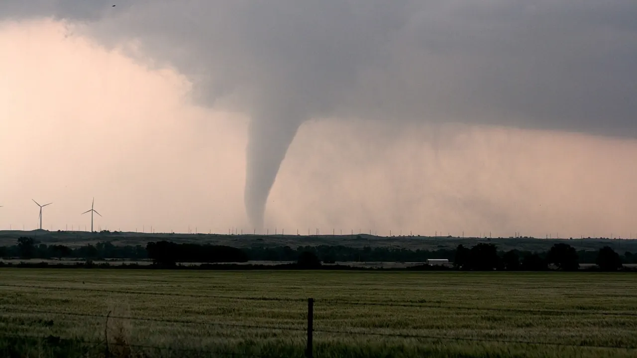 Tornado over open farmland