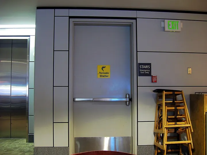 Heavy steel door of a tornado shelter